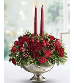 Vintage Style Christmas Centerpiece. An arrangement by Avenue Flowers and Gifts.