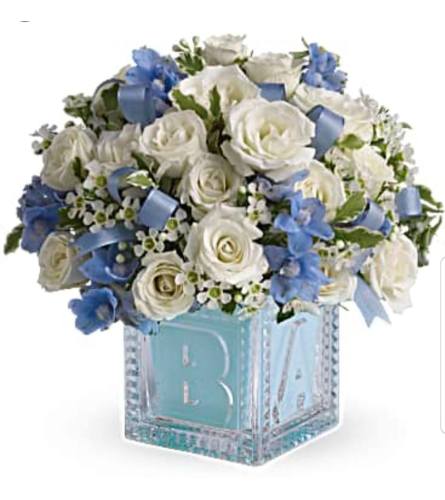 Baby Boy First Block. An arrangement by Avenue Flowers and Gifts.