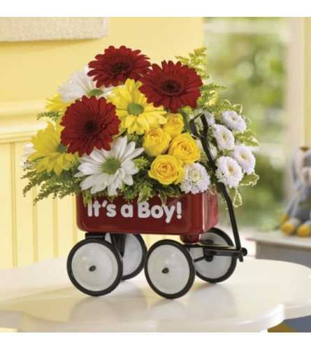 Baby Boy Red Wagon. An arrangement by Avenue Flowers and Gifts.