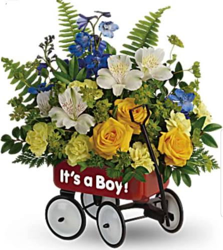 Baby Boy Wagon Garden. An arrangement by Avenue Flowers and Gifts.
