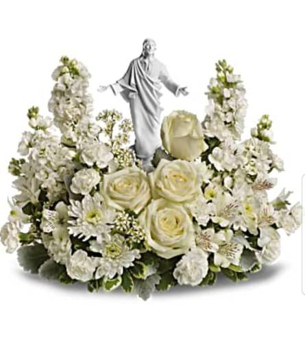 Jesus in Serenity Garden. An arrangement by Avenue Flowers and Gifts.