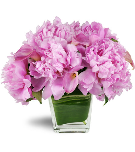 Pinkest Passion™. An arrangement by Avenue Flowers and Gifts. Pink-lavender peonies are accented with pink Calla lilies in a clear glass vase..
