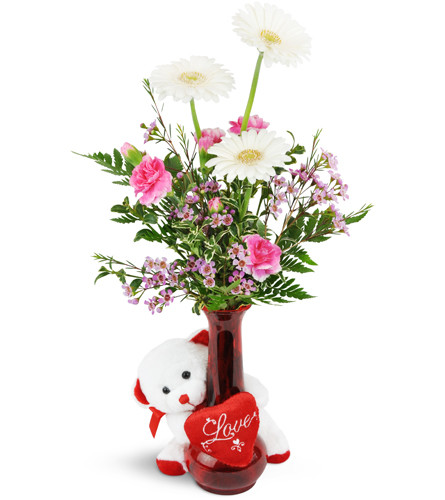 Darling Daisies™ with Love Bear. An arrangement by Avenue Flowers and Gifts. Mini Gerbera daisies, mini carnations, and waxflowers are arranged in...