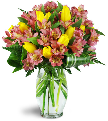My Sunny Valentine™. An arrangement by Avenue Flowers and Gifts. Yellow tulips and pink alstroemeria are beautifully arranged with decorative...