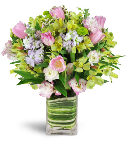 Country Fair Bouquet™. An arrangement by Avenue Flowers and Gifts. Pink tulips are expertly arranged with lavender stock, pink lisianthus, and...