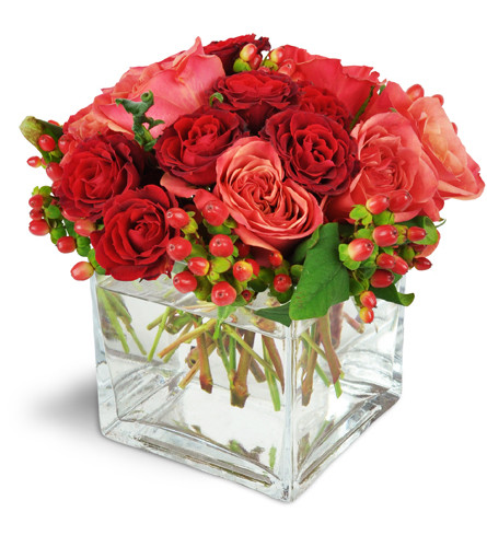 Love In Vogue™. An arrangement by Avenue Flowers and Gifts. Coral roses, deep red spray roses, and accents of hypericum berries are arranged in a...