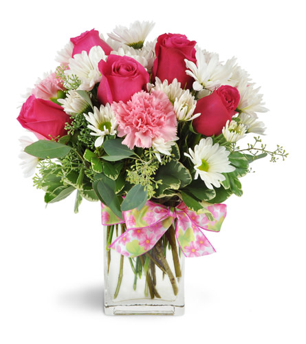 Lucky You!™. An arrangement by Avenue Flowers and Gifts. Roses, carnations, daisies, and more are cheerfully arranged in a modern glass vase..