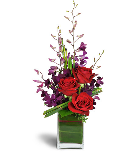 Elegant Vibrance™. An arrangement by Avenue Flowers and Gifts. Treat them to red roses and purple Dendrobium orchids artfully arranged with...