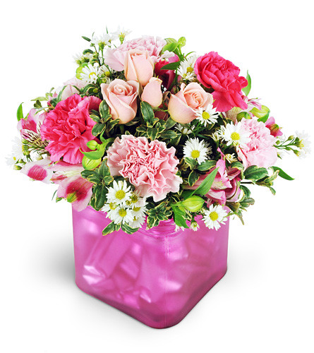 Sweet Sentiments. An arrangement by Avenue Flowers and Gifts. Pink and fuchsia carnation, sweet pink spray roses, pink alstroemeria, and white...