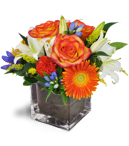 Happiness Cubed Thank You Vase™. An arrangement by Avenue Flowers and Gifts. Roses, Gerbera daisies, lilies, and more are chicly arranged in a...