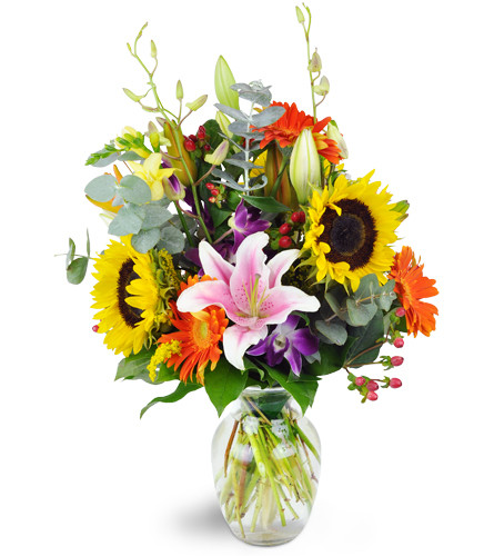 Country Twist™. An arrangement by Avenue Flowers and Gifts. Sunflowers, lilies, Gerbera daisies, dendrobium orchids, and more are gorgeously...