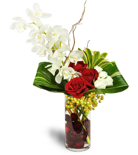 Modern Adornment™. An arrangement by Avenue Flowers and Gifts. White mini Cymbidium orchids, red roses, spray roses, and Song of India are...