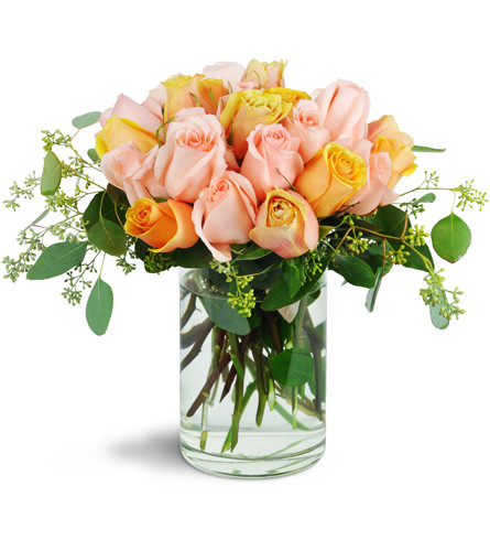 Sweet Soul™. An arrangement by Avenue Flowers and Gifts. Over two dozen light pink and creamy orange roses are arranged in a glass cylinder vase..