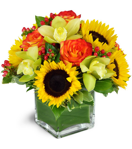 Sunrise Harvest. An arrangement by Avenue Flowers and Gifts. A spirited array of sunflowers, cymbidium orchids, and roses arranged in a glass vase..