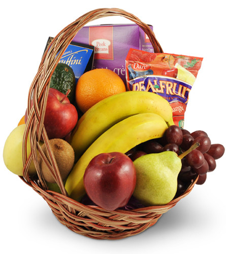 Fruit Basket. An arrangement by Avenue Flowers and Gifts. Sixteen pieces of assorted fruit and three additional snacks are carefully arranged in a...