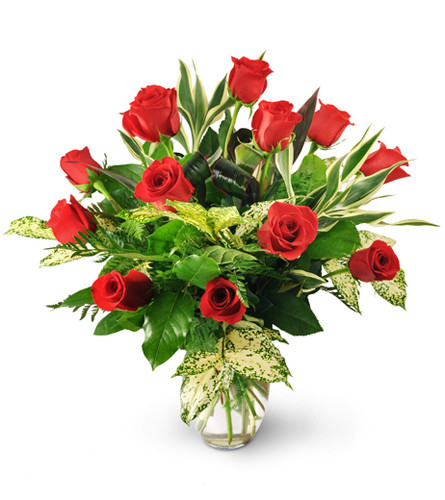 Love Is In The Air. An arrangement by Avenue Flowers and Gifts. One dozen red roses are surrounded by lush tropical greens, including ficus and...