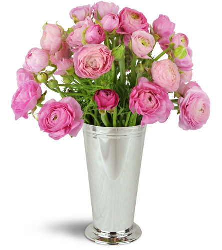 Spring Blush™. An arrangement by Avenue Flowers and Gifts. More than two dozen pink ranunculus are arranged in a metallic-finish julep cup..