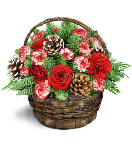 Pretty Peppermint™ - Deluxe. An arrangement by Avenue Flowers and Gifts. A bounty of assorted pines is arranged with white-tipped pinecones and...