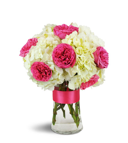 Summertime Chic™ - Deluxe. An arrangement by Avenue Flowers and Gifts. A gorgeous assortment of six fuchsia garden roses are arranged with white...