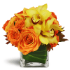 Golden Morning™ - Standard. An arrangement by Avenue Flowers and Gifts. Yellow cymbidium orchids and large orange rose blooms are arranged in an...