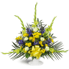 Heaven’s Promise Sympathy Tribute™ - Standard. An arrangement by Avenue Flowers and Gifts. Features a classic white basket blooming with blue...